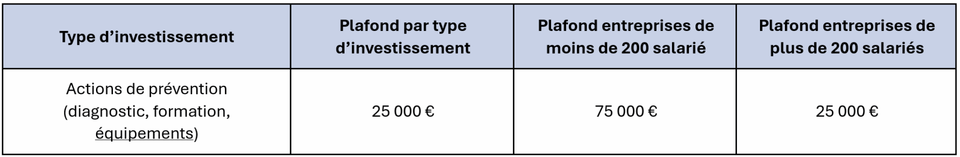 Plafonds investissement prévention risques ergonomiques